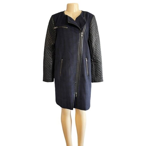 W118 Walter‎ Baker Blue Tweed Check Coat Black Faux Leather Quilted Moto Jacket - Picture 2 of 12